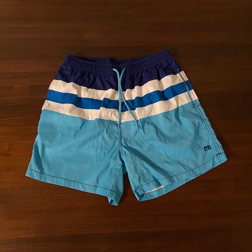 Cabana Bros Men's Swim Trunks, Board Shorts, Striped Blue & White, Size Medium
